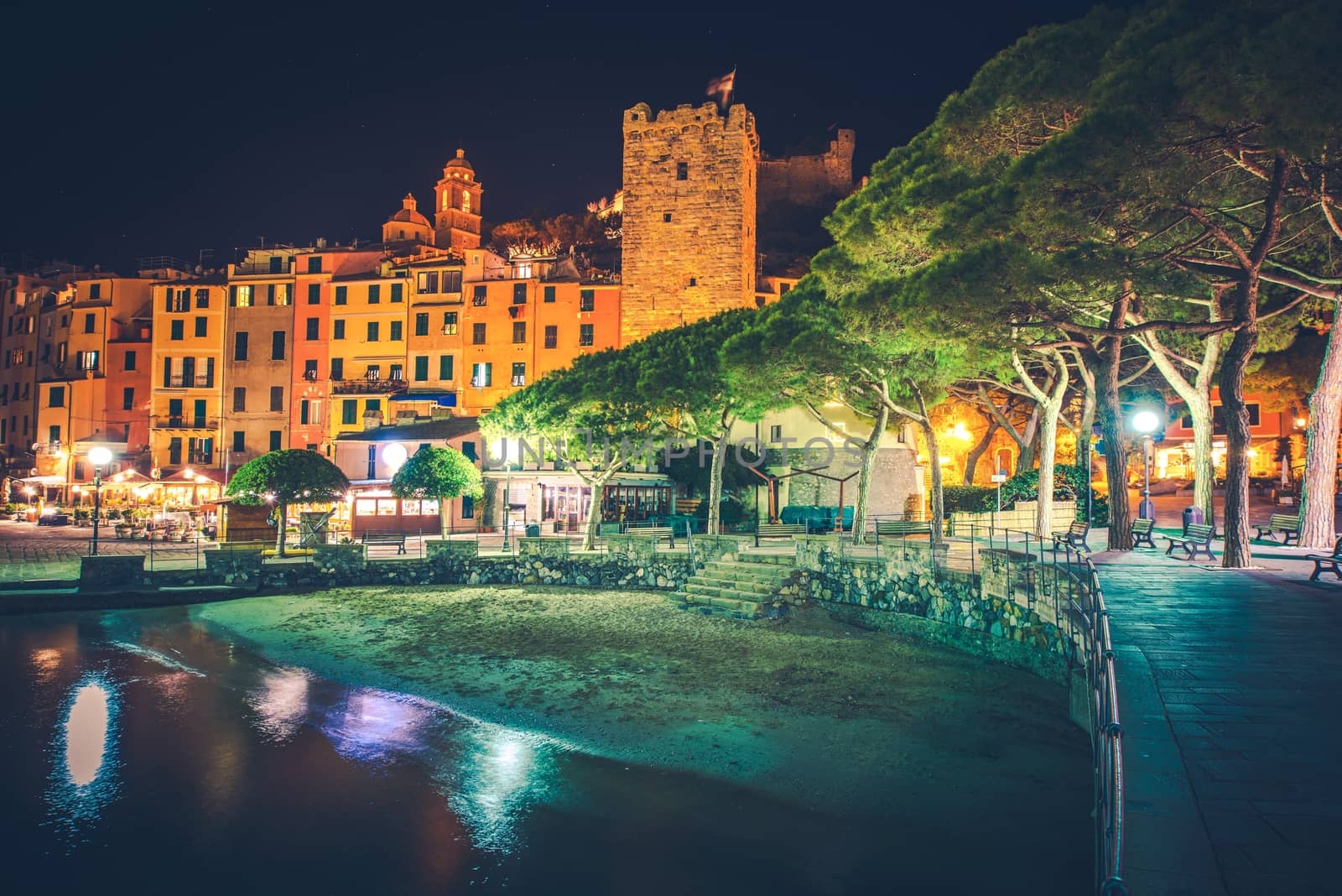 Famous Italian Riviera Porto Venere Night Scenery. Portovenere Illumination. La Spezia, Liguria, Italy. Part of The Cinque Terre.