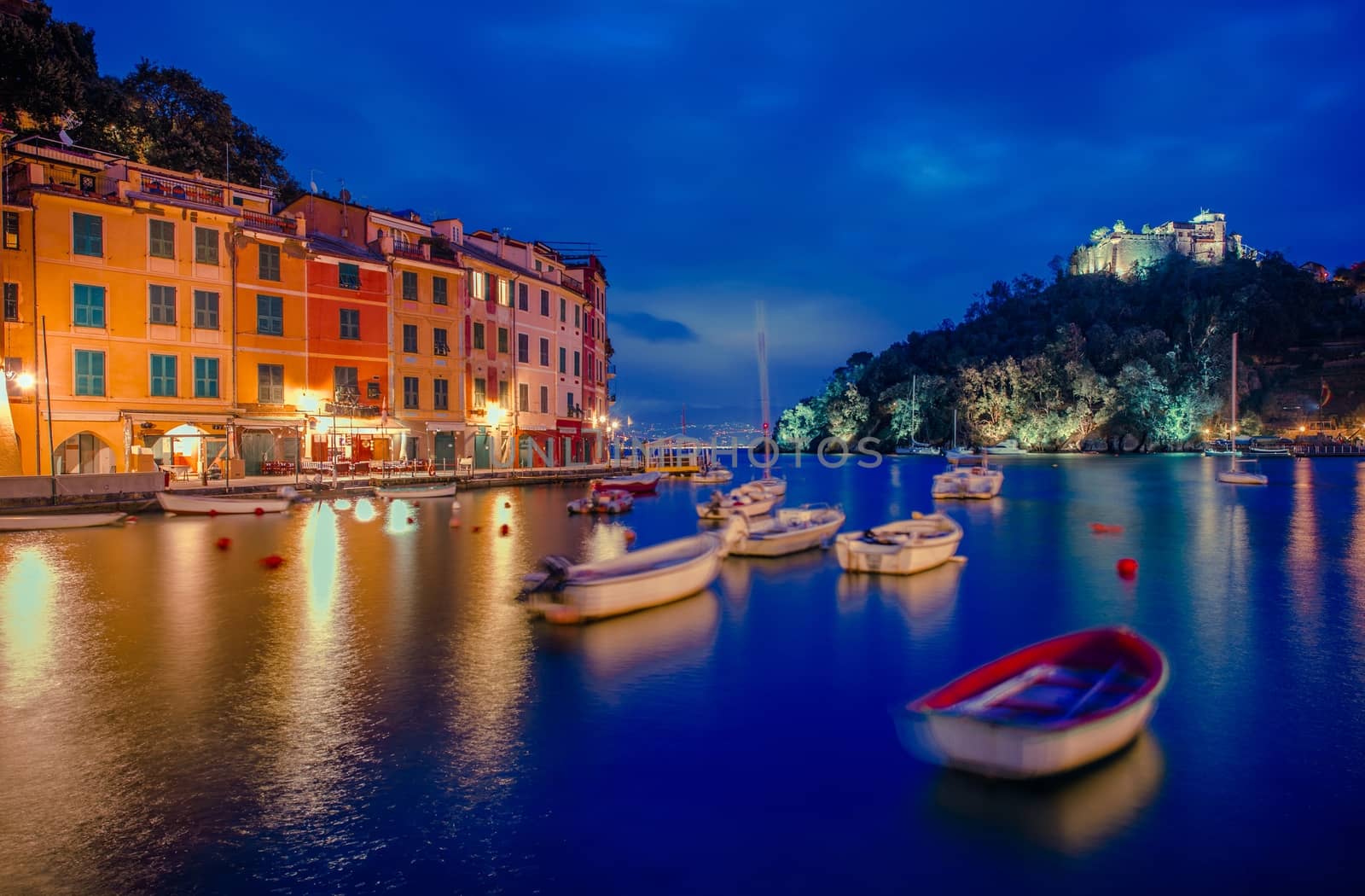 Portofino Fishing Village Marina and the Castello Brown on the Rock. Portofino, Liguria, Italy.