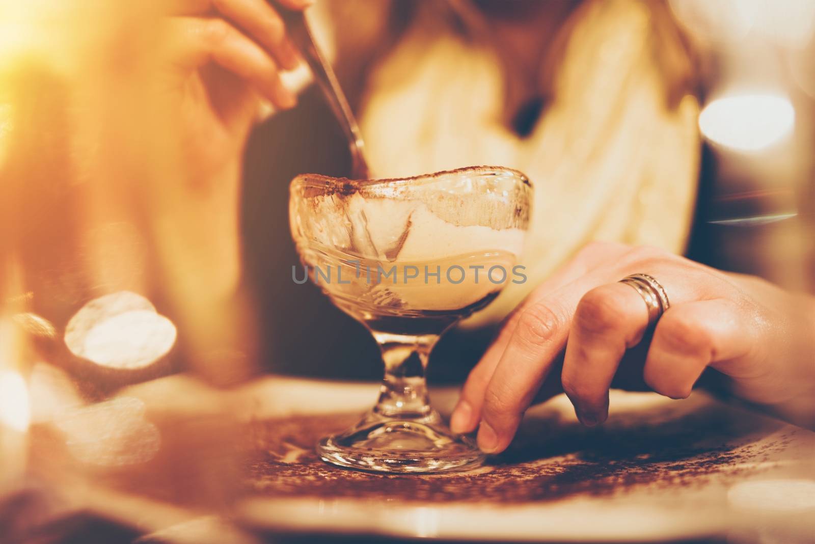 Tiramisu Dessert Eating by Woman. Dessert Time.
