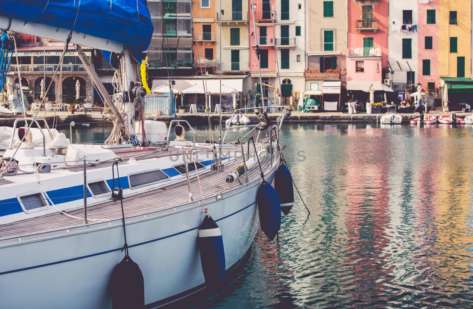 Yacht in Porto Venere Marina in Italy. Mediterranean Sea Yachting Theme.