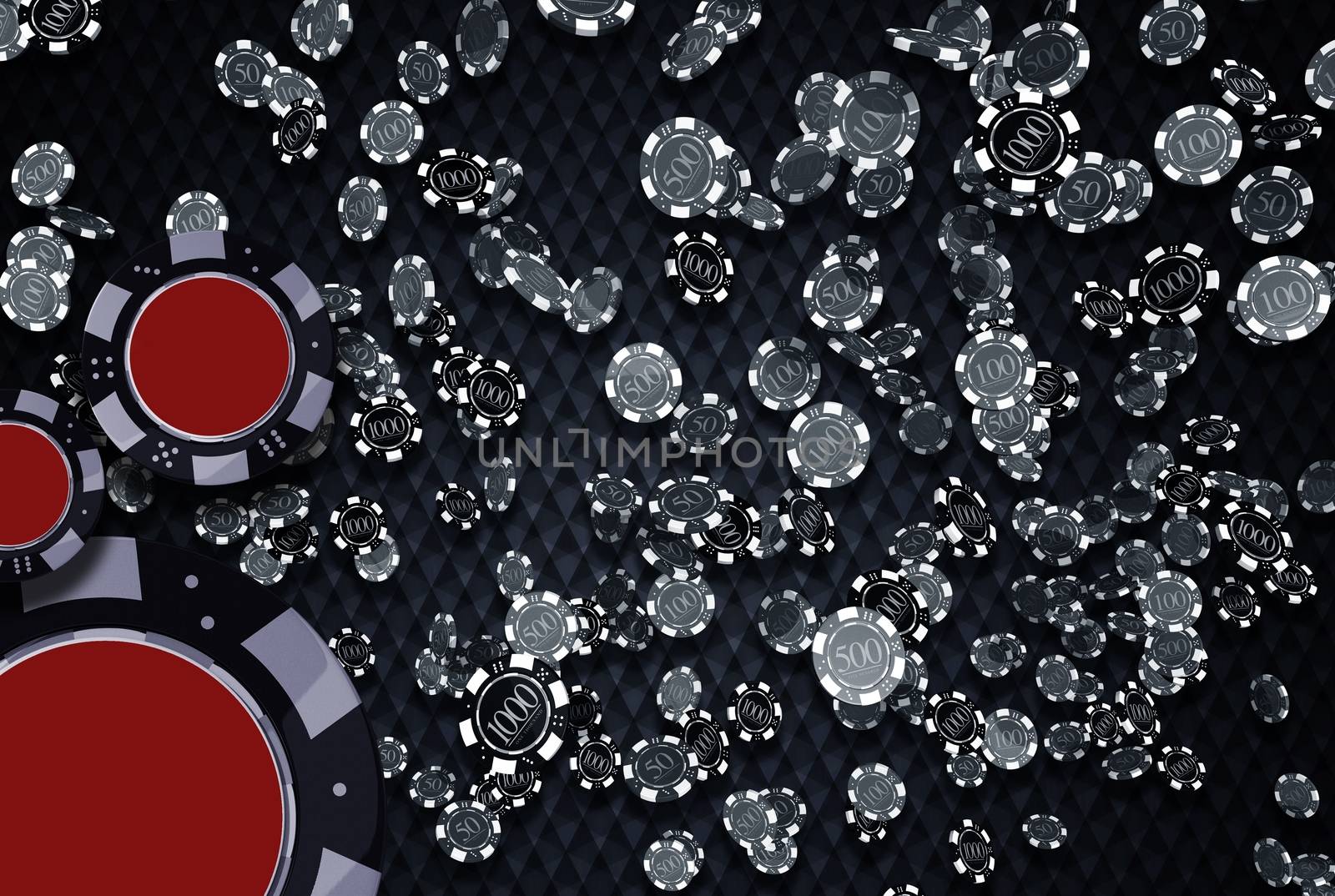 Black Red Casino Chips Background 3D Illustration. Poker or Roulette Gambling Backdrop.