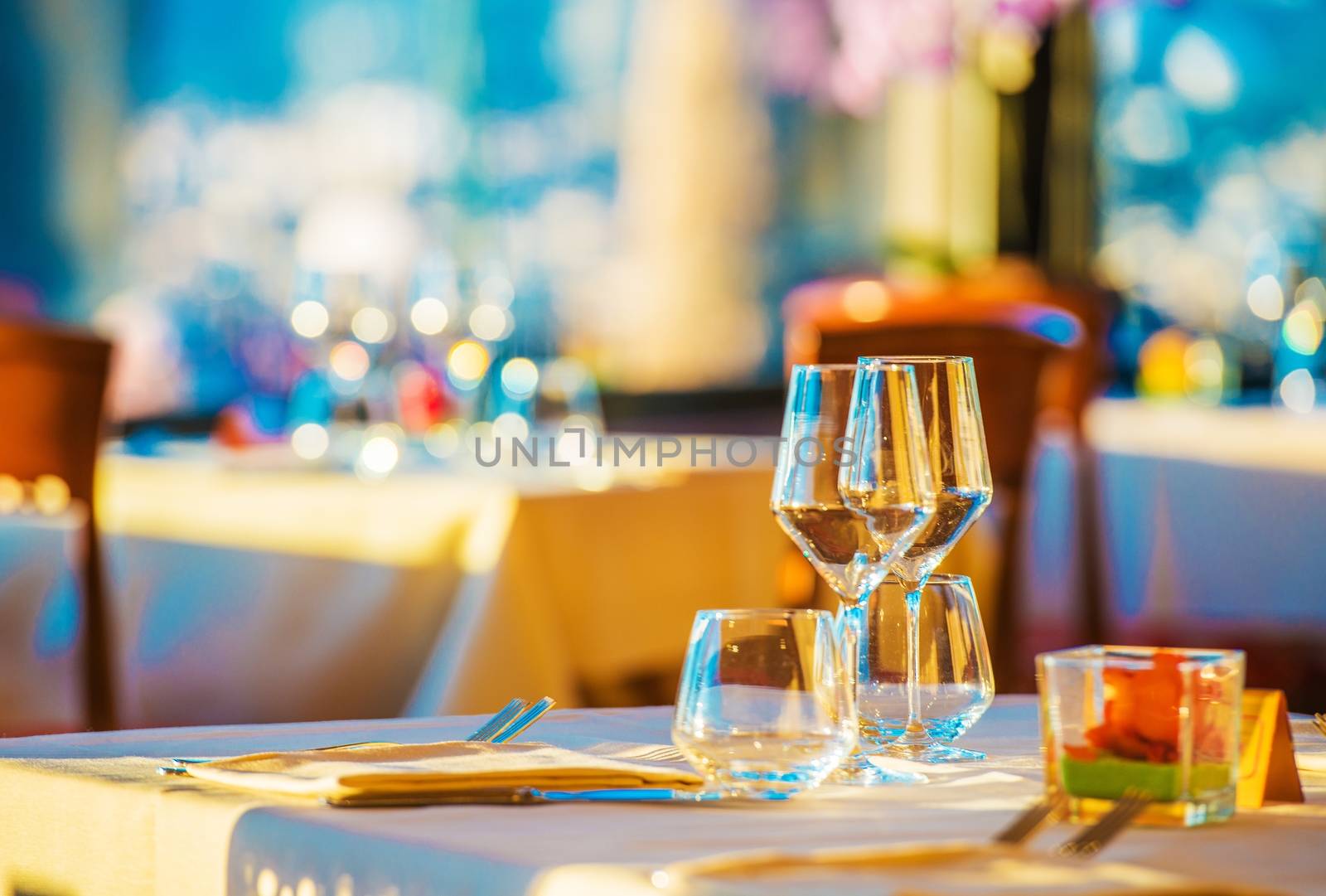 Elegant Restaurant Table Ready For First Customers. Elegant Dinning Concept.