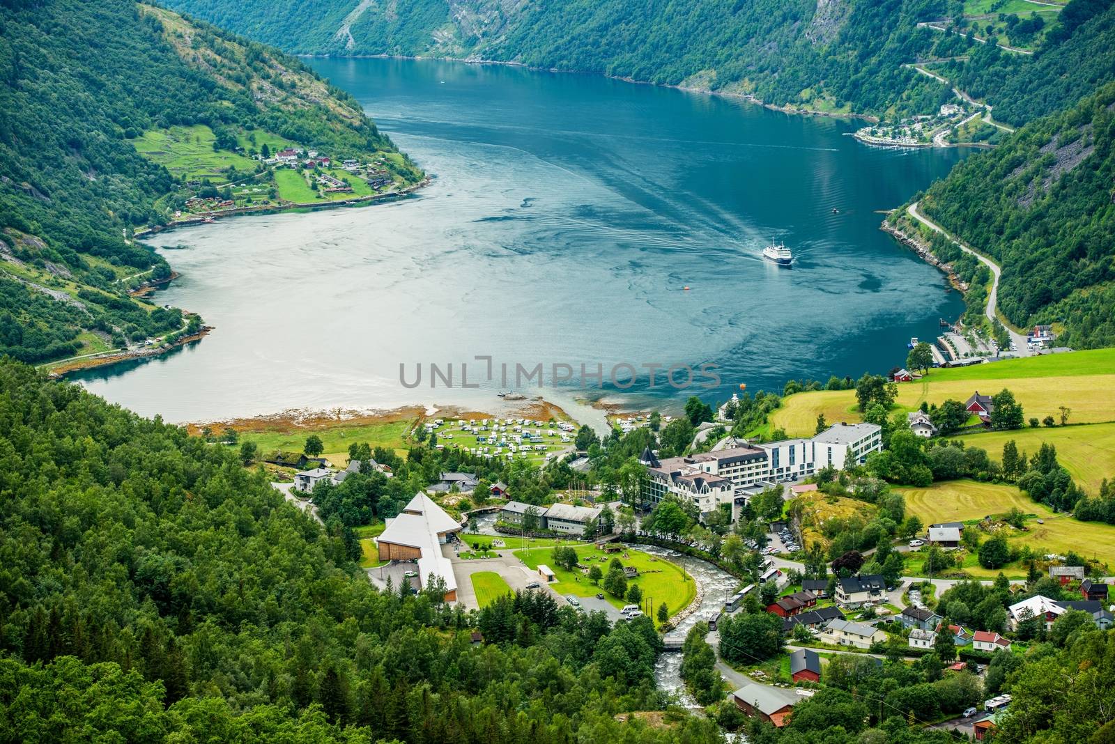 Geiranger Summer Time Panorama, Norway. Geiranger is a Small Tourist Village in Sunnmore Region of More og Romsdal County in the Norway.