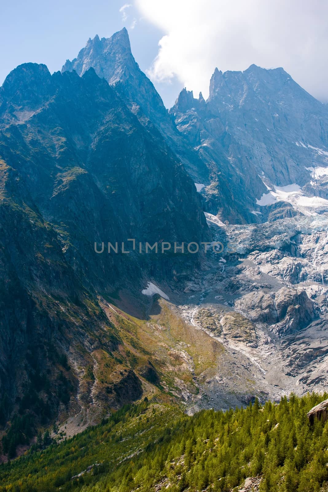Mont Blanc Massif Glacier Vertical Photo. Summer Alpine Scenery.