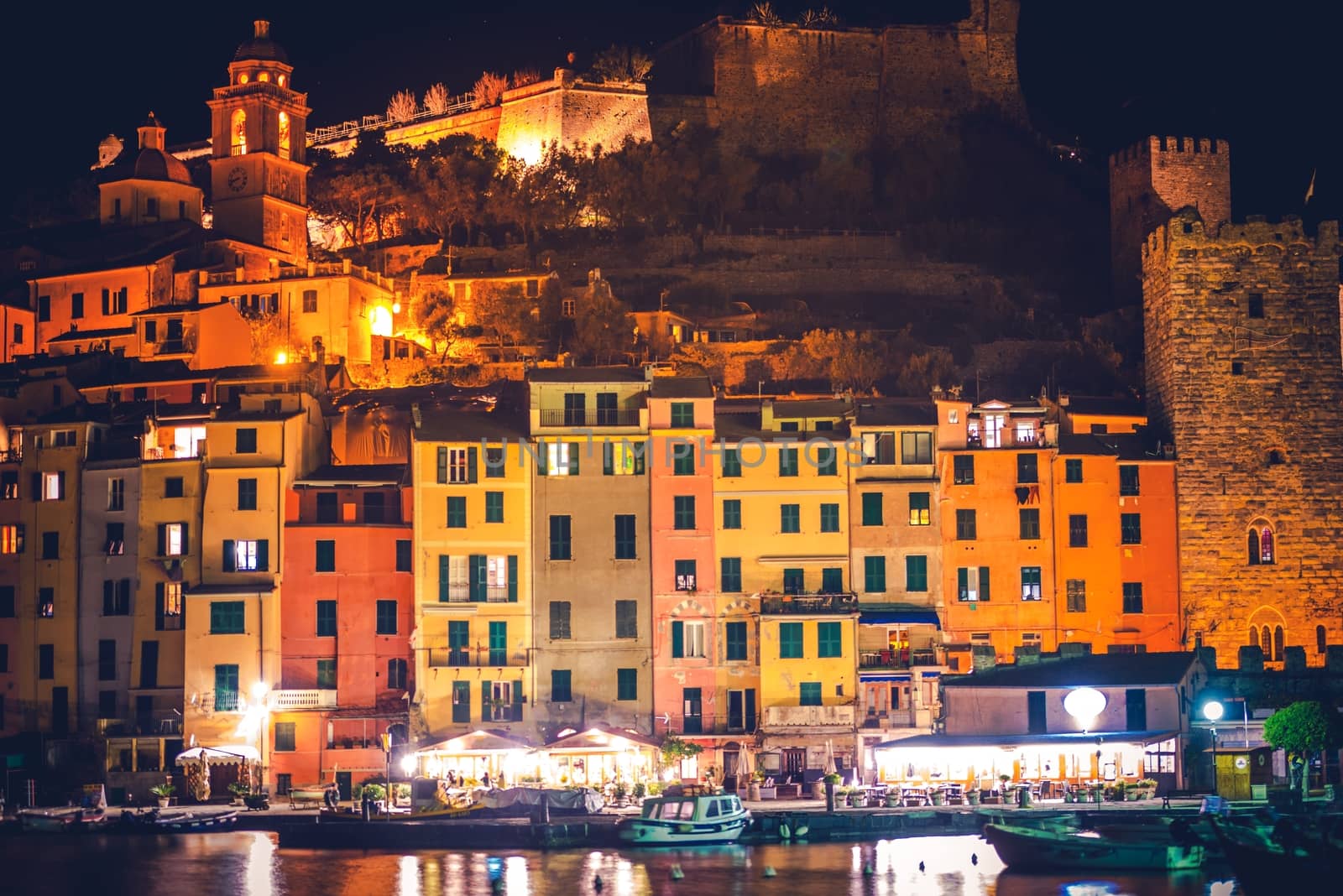 Night Time in the Porto Venere Village in Liguria Region of Italy. Colors of Italian Riviera.