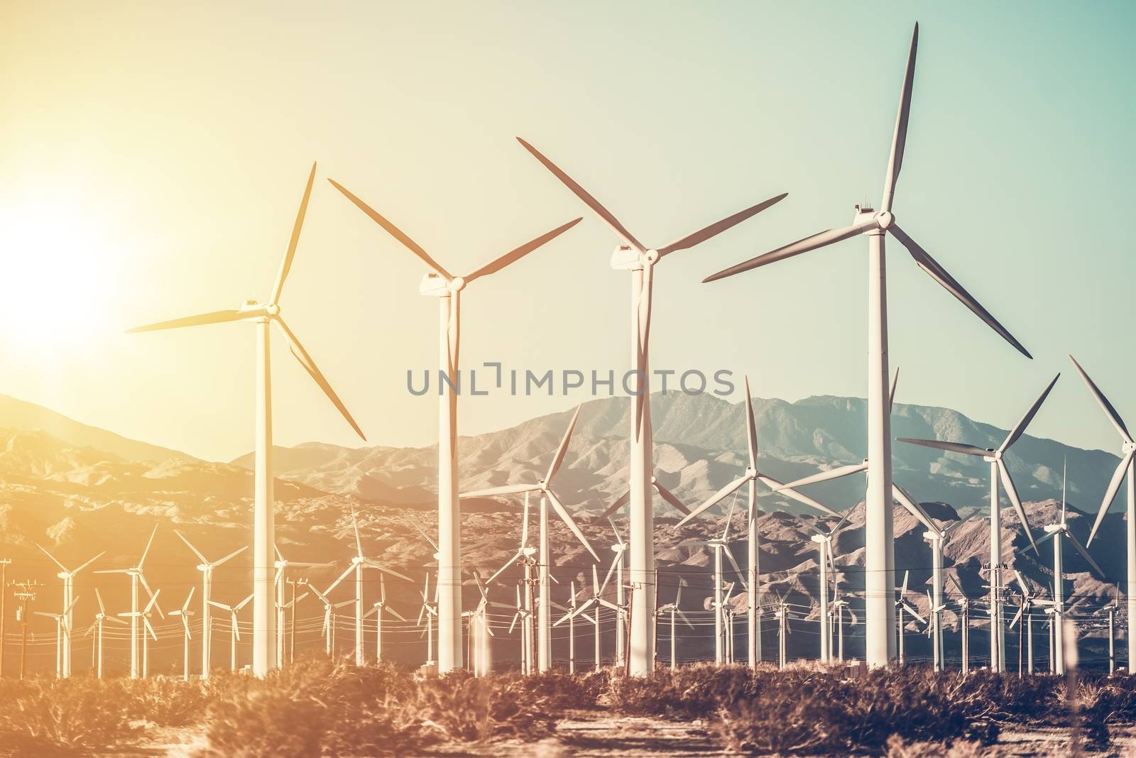 California Wind Turbines Mountain Desert Landscape. Wind Turbines Technology