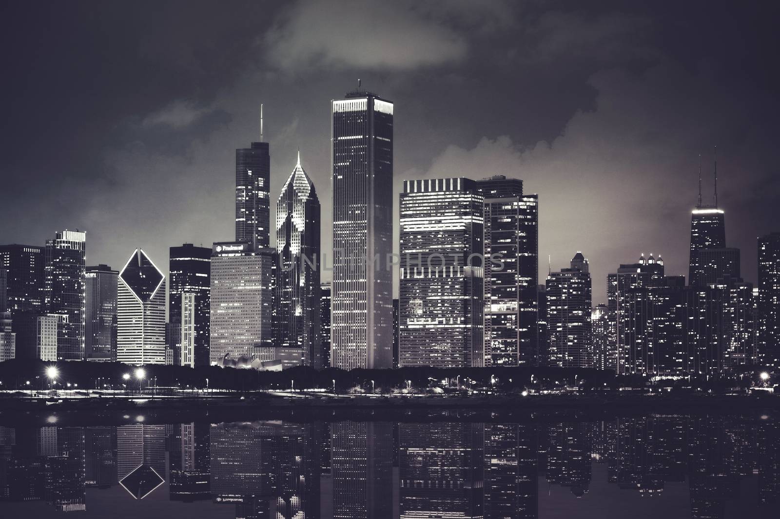 Chicago Night Time Skyline Photo with Michigan Lake Reflection. Chicago, Illinois.