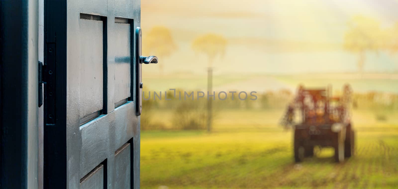 Opened door concept to beautiful and imaginary landscape of contryside by pixinoo