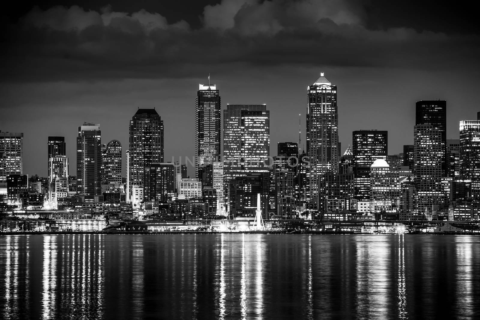 Seattle Night in Black and White. Seattle Skyline Panorama During Night Hours. 
