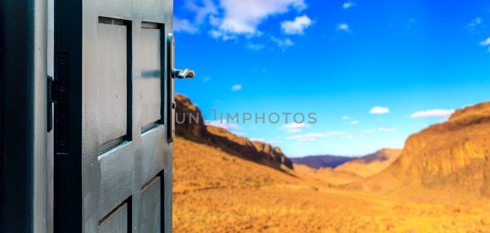 Opened door concept to colorful desert landscape by pixinoo