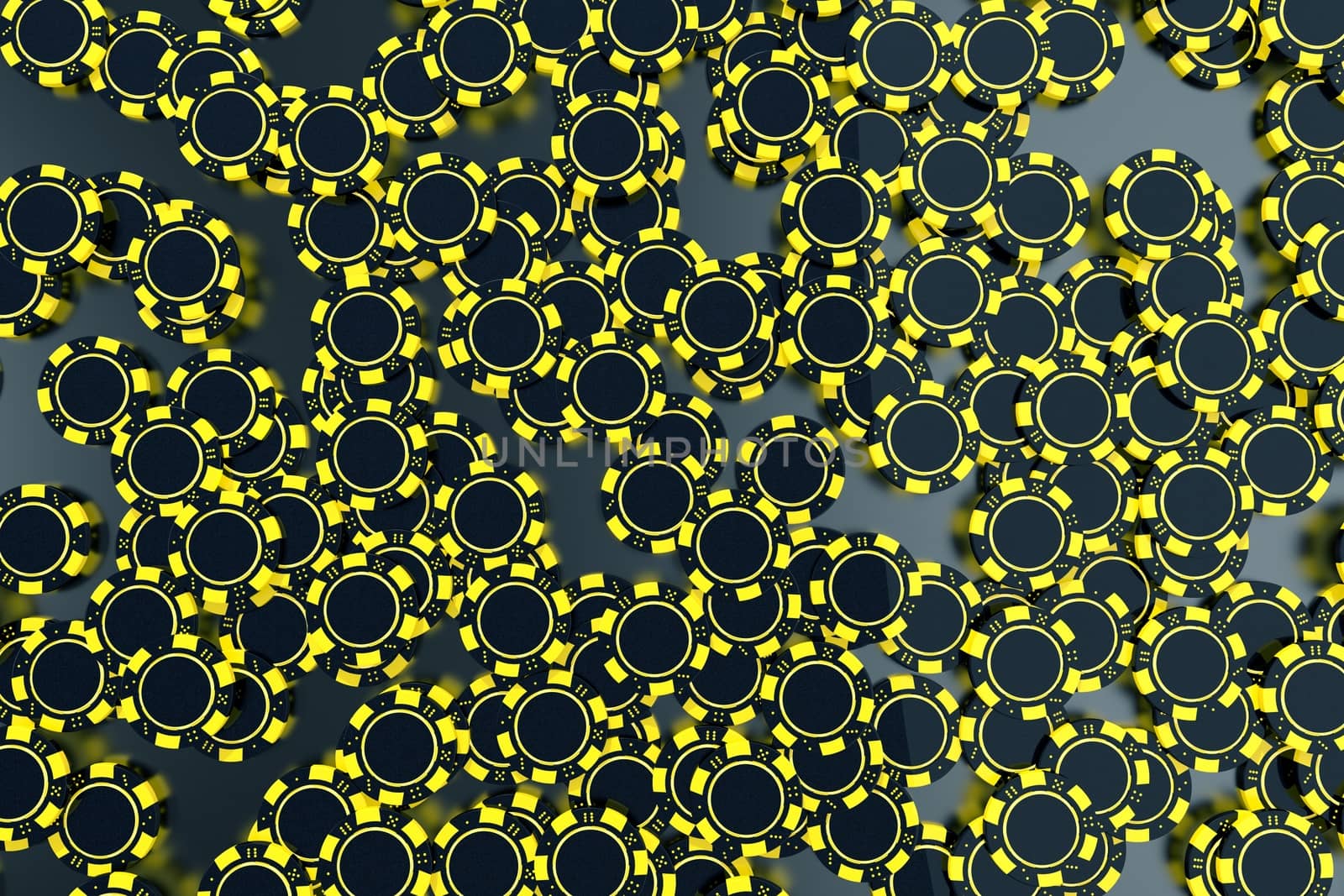 Yellow Black Casino Chips Backdrop 3D Rendered Illustration. Casino Games Concept.
