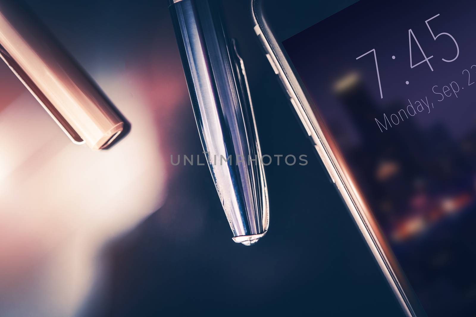 Business Desk Phone and Fountain Pens. Glassy Corporate Desk. Time in Business Matter Conceptual Photo.