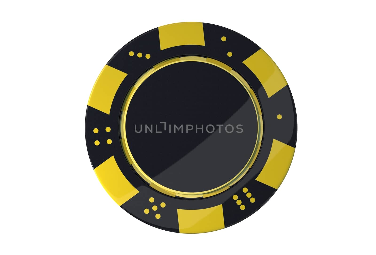 Casino Game Chip Isolated on White Background. Yellow Black Chip 3D Rendered Illustration.