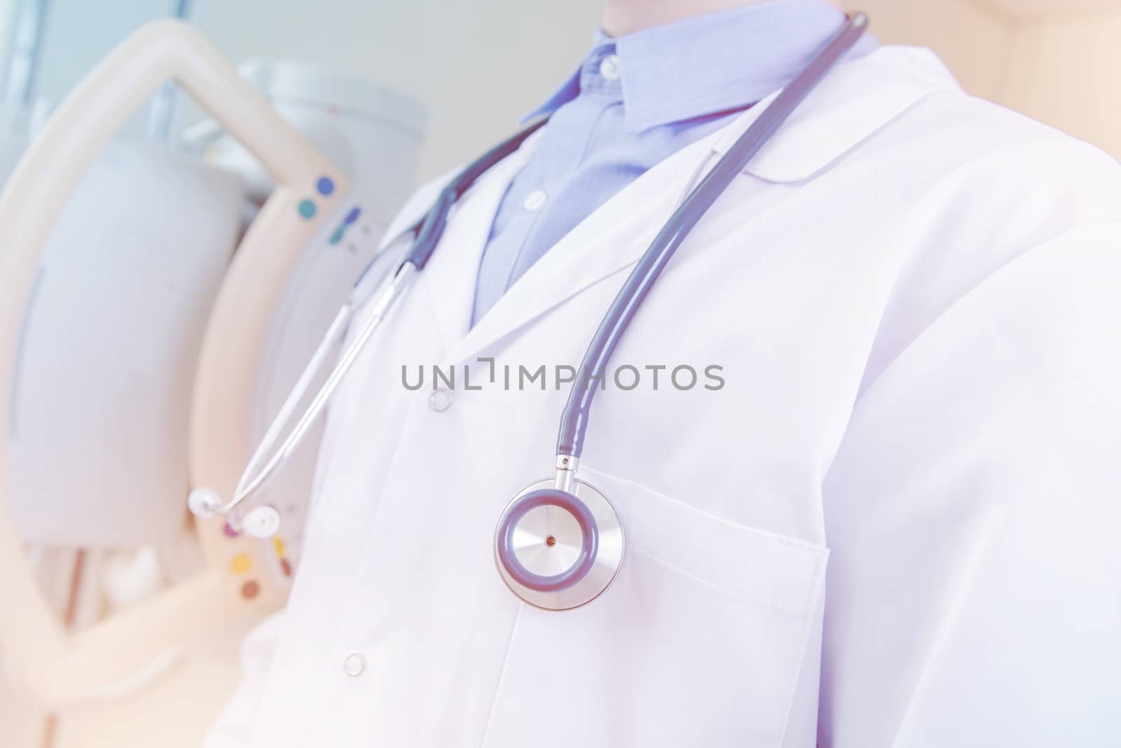 Doctor Uniform and Stethoscope Closeup. Doctors Office.