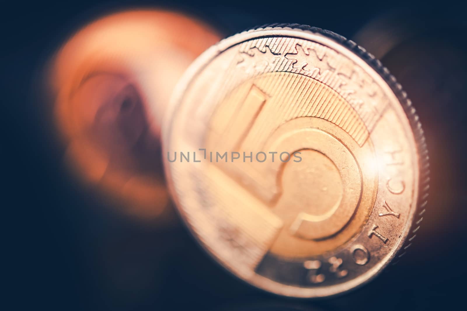 Five Polish Zloty Closeup. Polish Zloty Coin Ultra Closeup.