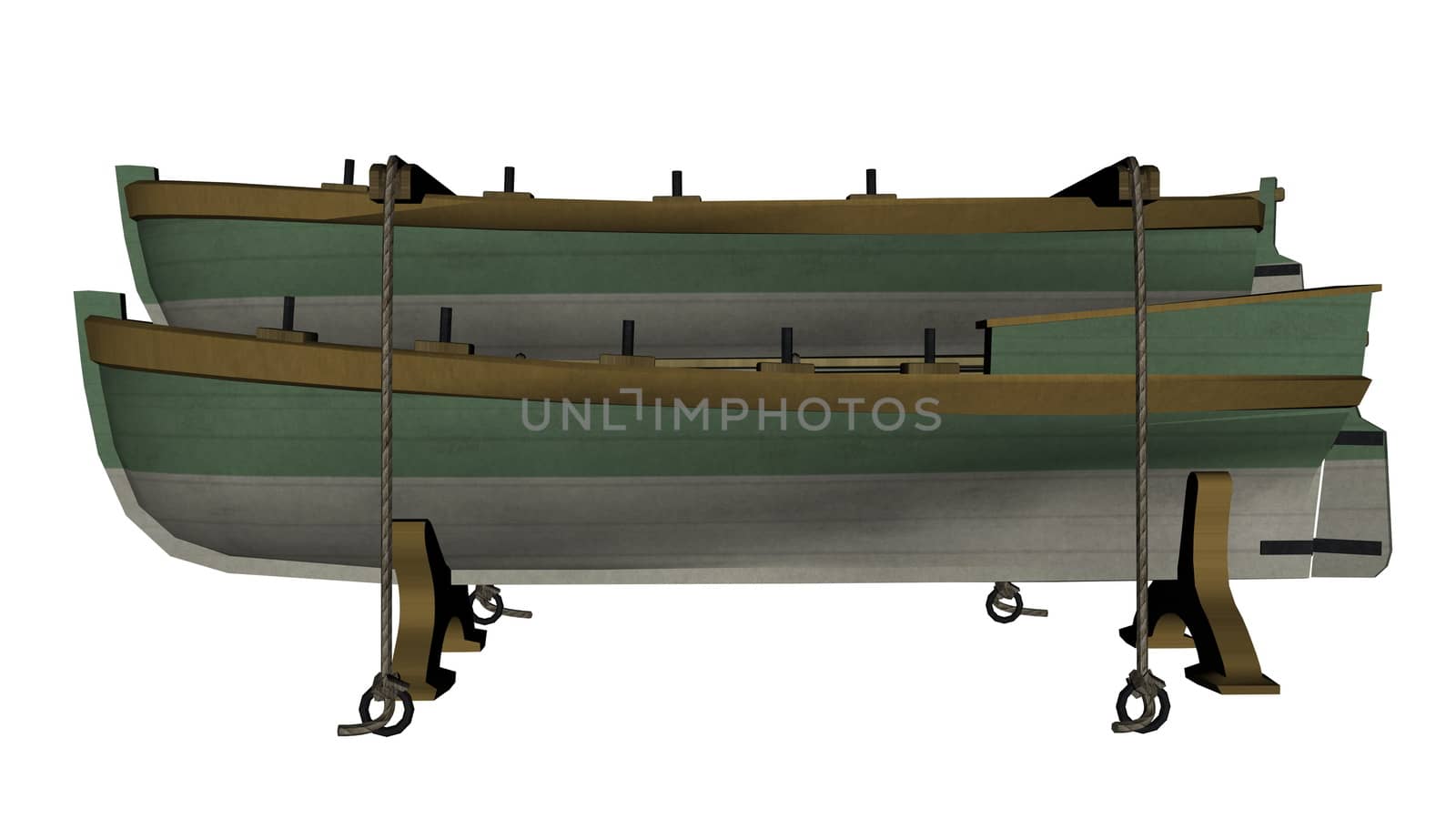 Two green ancient lifeboats isolated in white background - 3D render
