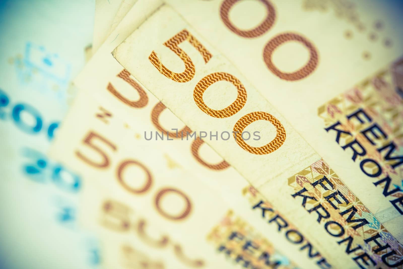Norwegian Krones. Five Hundred Krones Bills Closeup Photo.