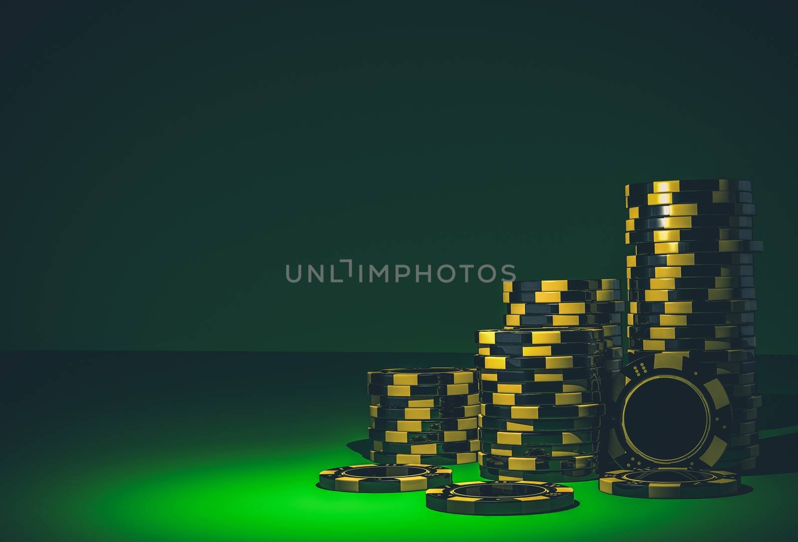 Vegas Casino Chips Background 3D Rendered Illustration. Casino Games Chips on Green Background.