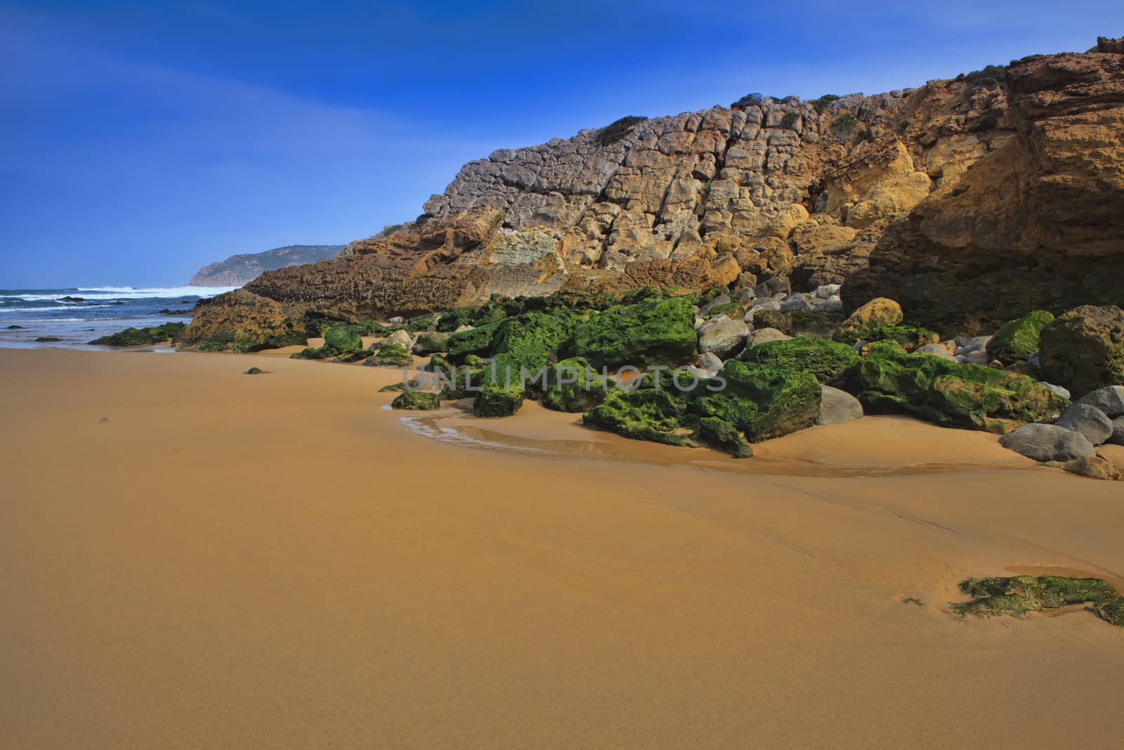 Green stones on the seashore