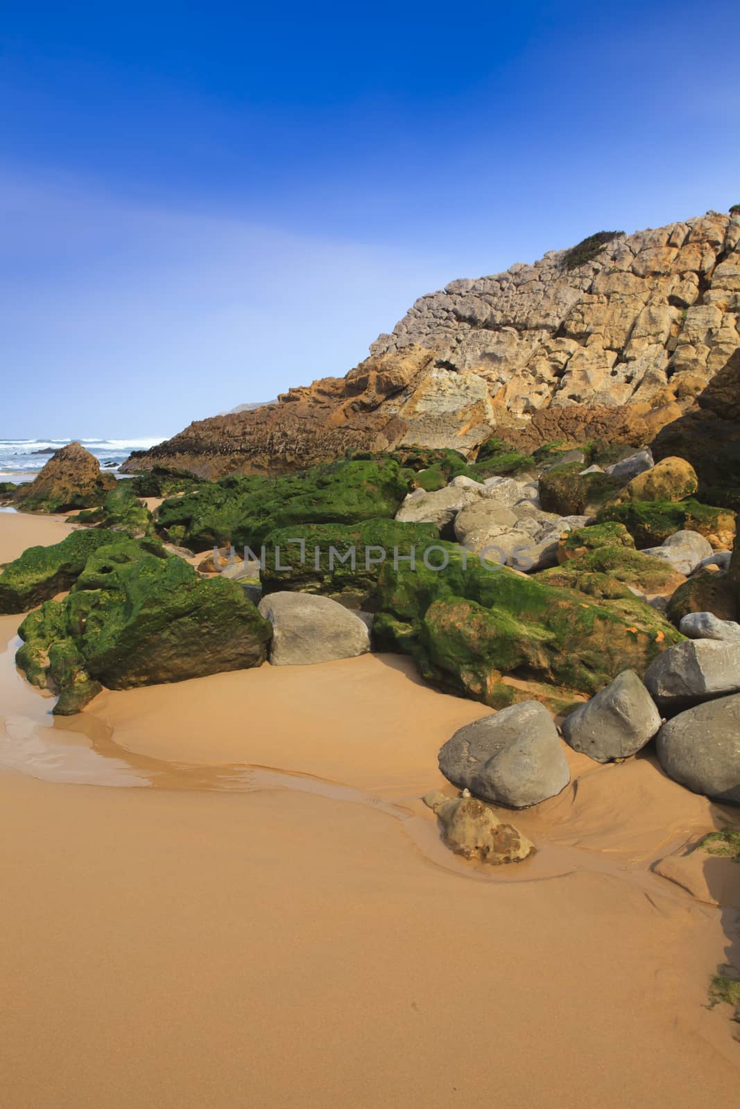 Green stones on the seashore