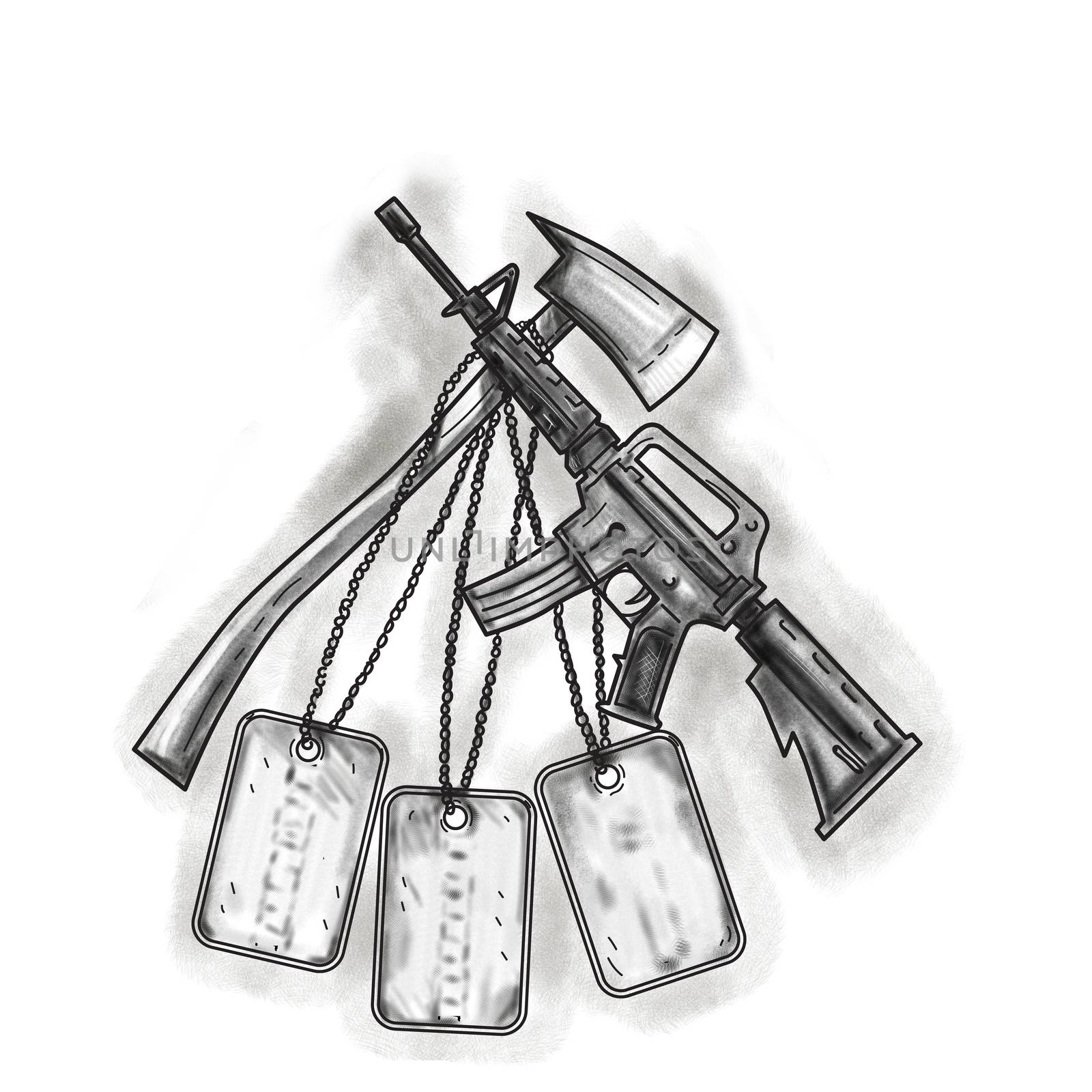 Tattoo style illustration of a crossed fire ax and an  M4 magazine-fed carbine rifle used by the United States Army and US Marine Corps combat units with dog tags hanging set on isolated white background. 