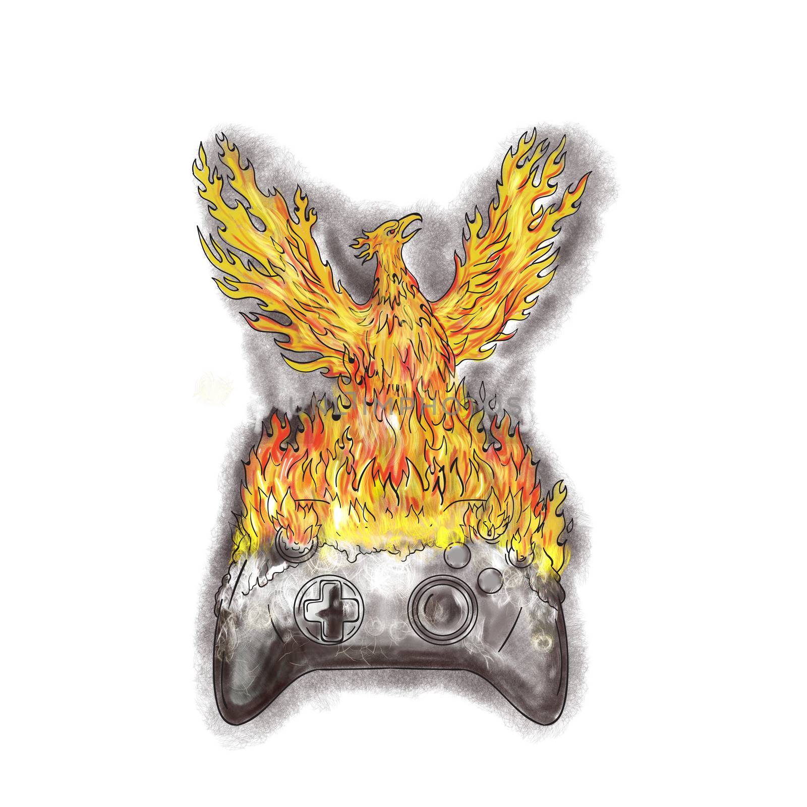 Tattoo style illustration of a phoenix with wings raised for flight rising over burning game controller set on isolated white background. 