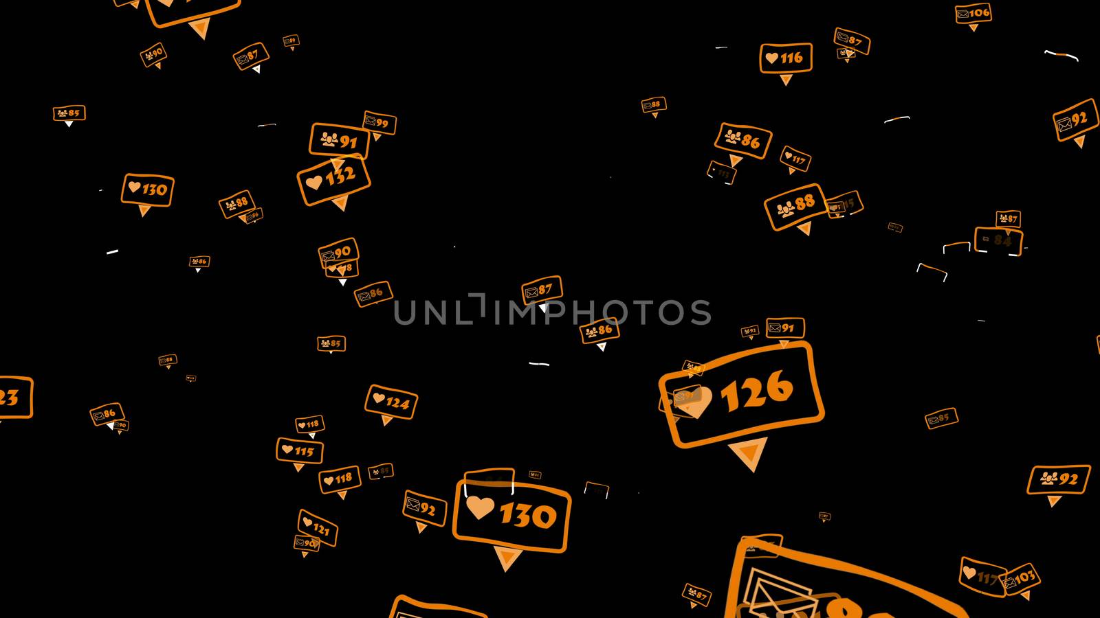 Orange icons of social media notifications of friends, followers, likes, messages. 3d illustration.