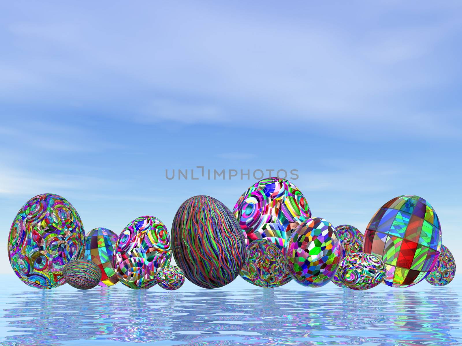 Colorful eggs by blue day for easter - 3D render