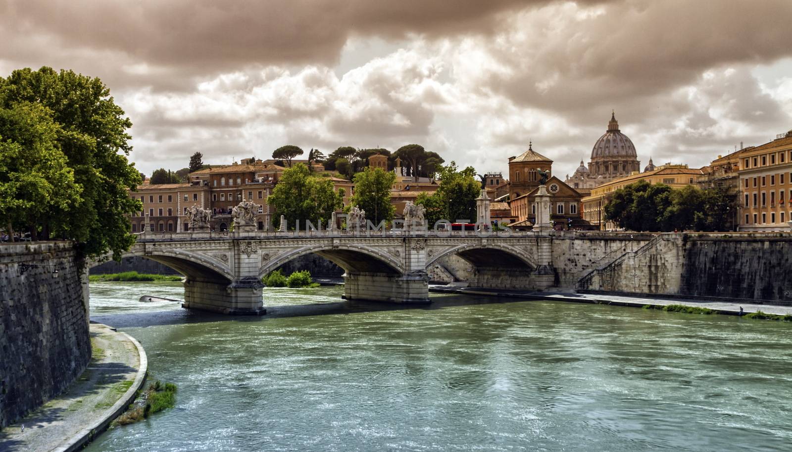Tiber river, Ponte Sant'Angelo and St. Peter's cathedral, Roma, Italy by Elenaphotos21
