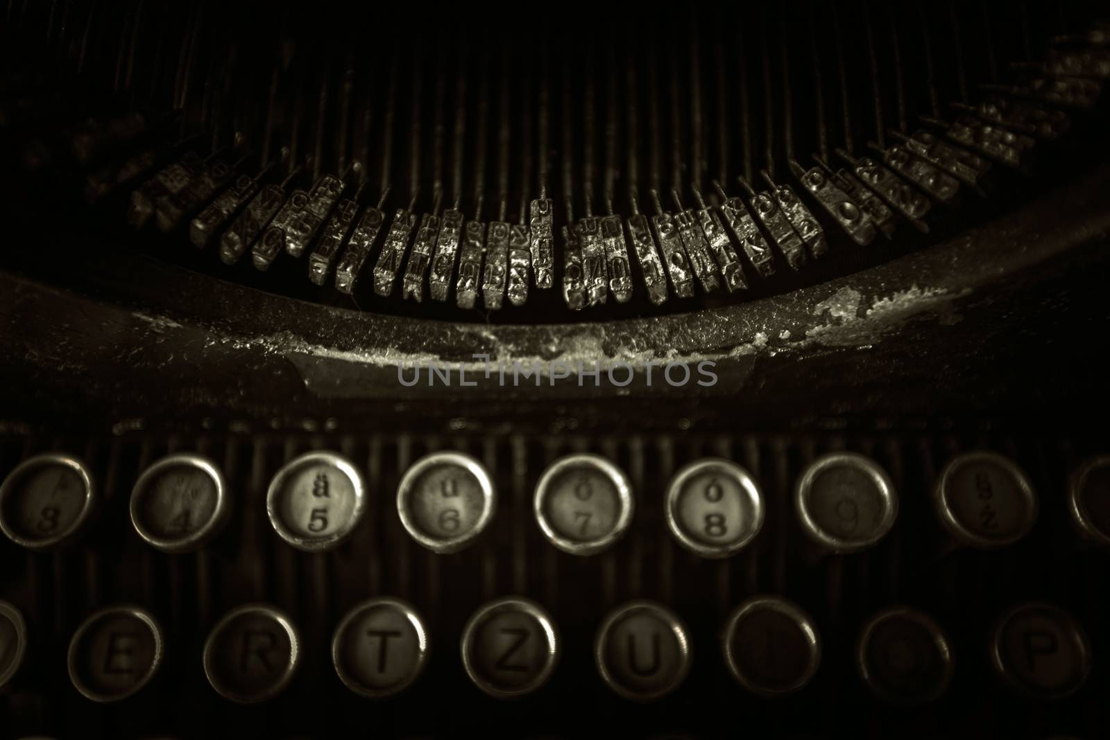 Rusty Dirty Typewriter Closeup Photo. Vintage Typewriter Background