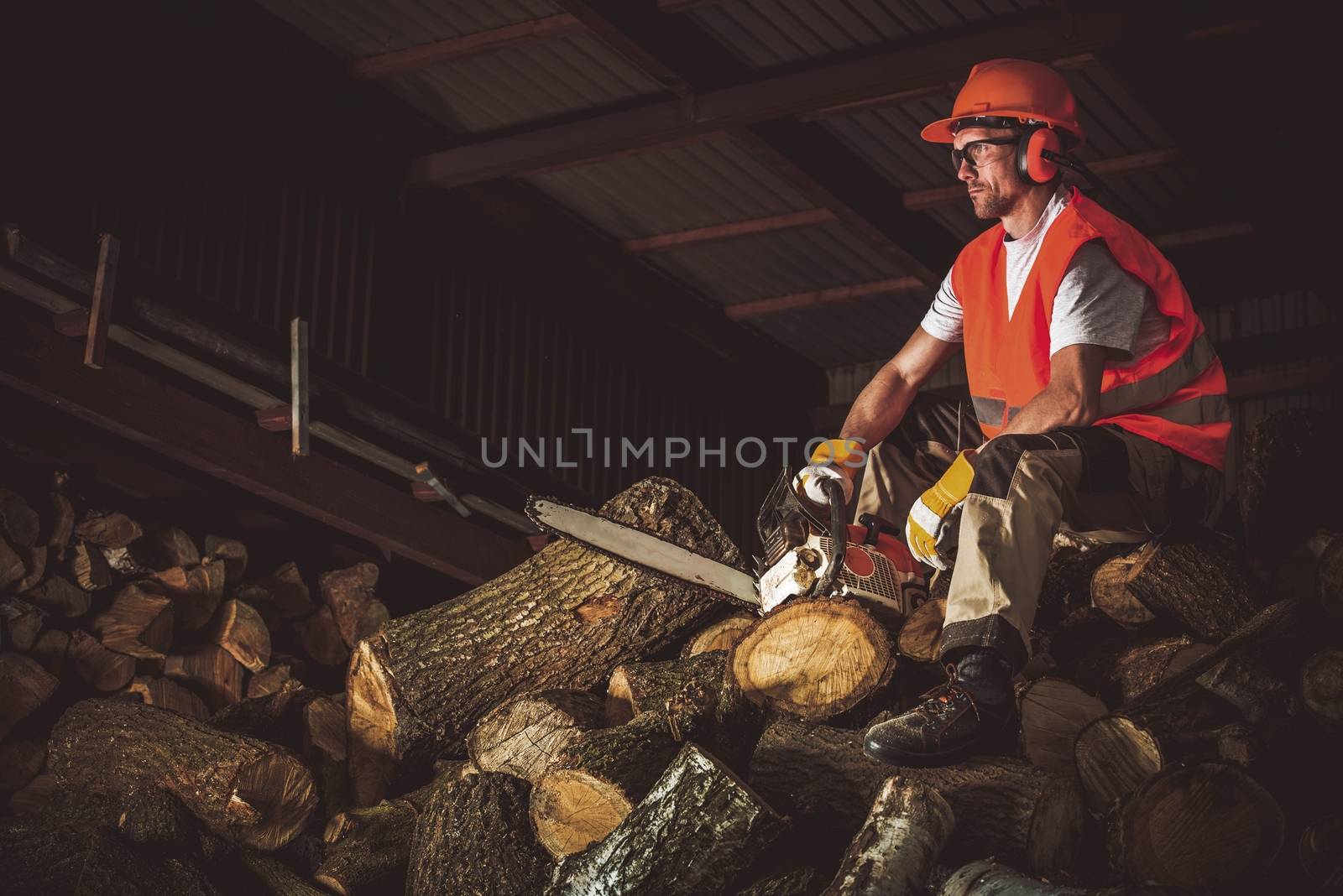 Wood Cutting Work. Caucasian Worker Resting on Pile of Chopped Firewood. 