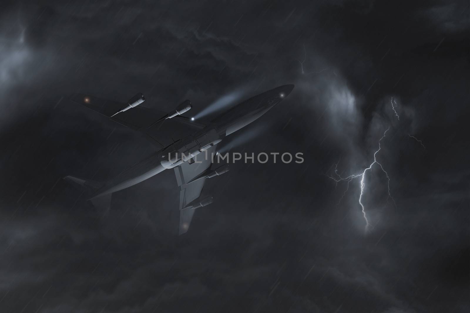 Airplane Storm Flight Concept 3D Illustration. Commercial Airliner Between Heavy Electric Storm Clouds