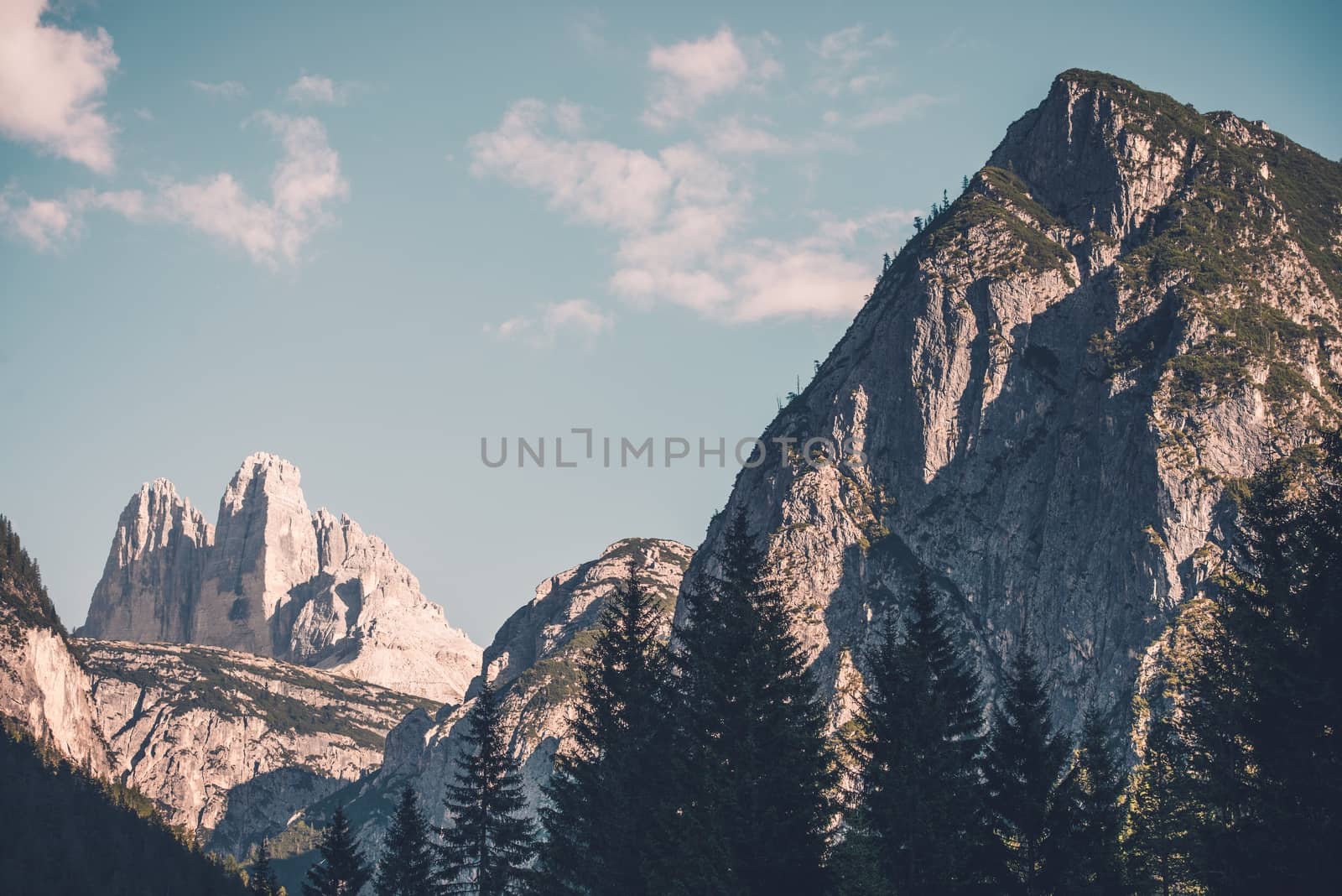 Dolomites Laverado Peaks. Tre Cime di Lavaredo Summer Mountain Scenery.