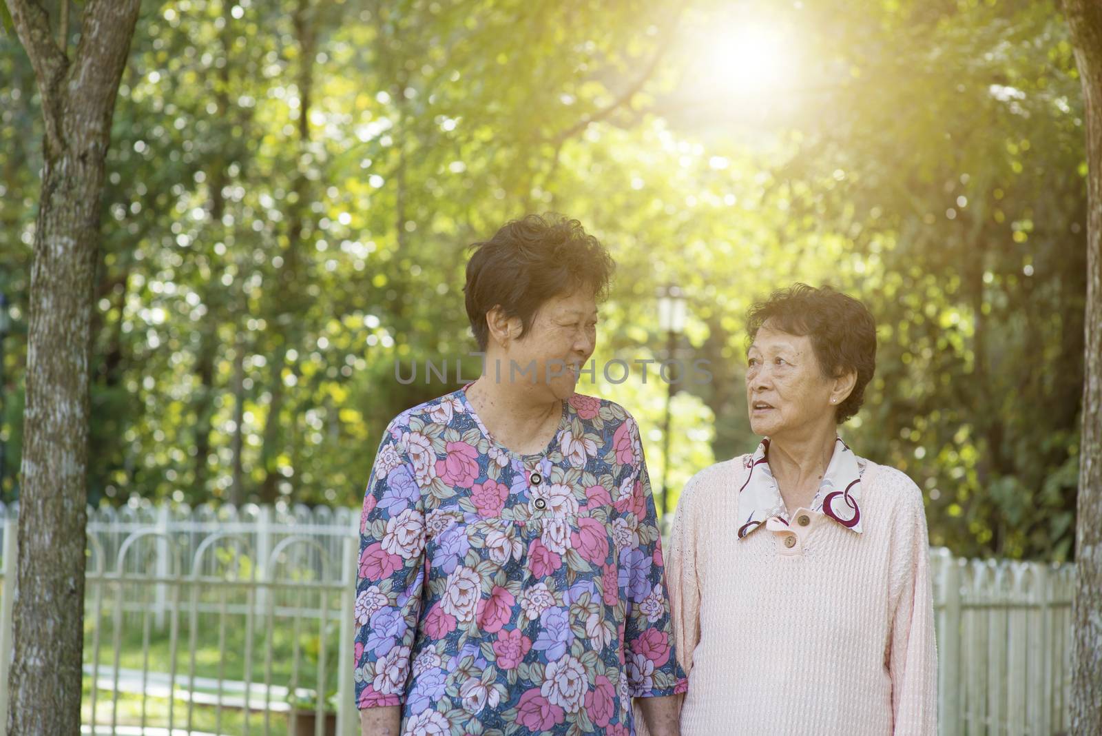 Candid shot of Asian senior adult women walking at outdoor garden park in the morning.