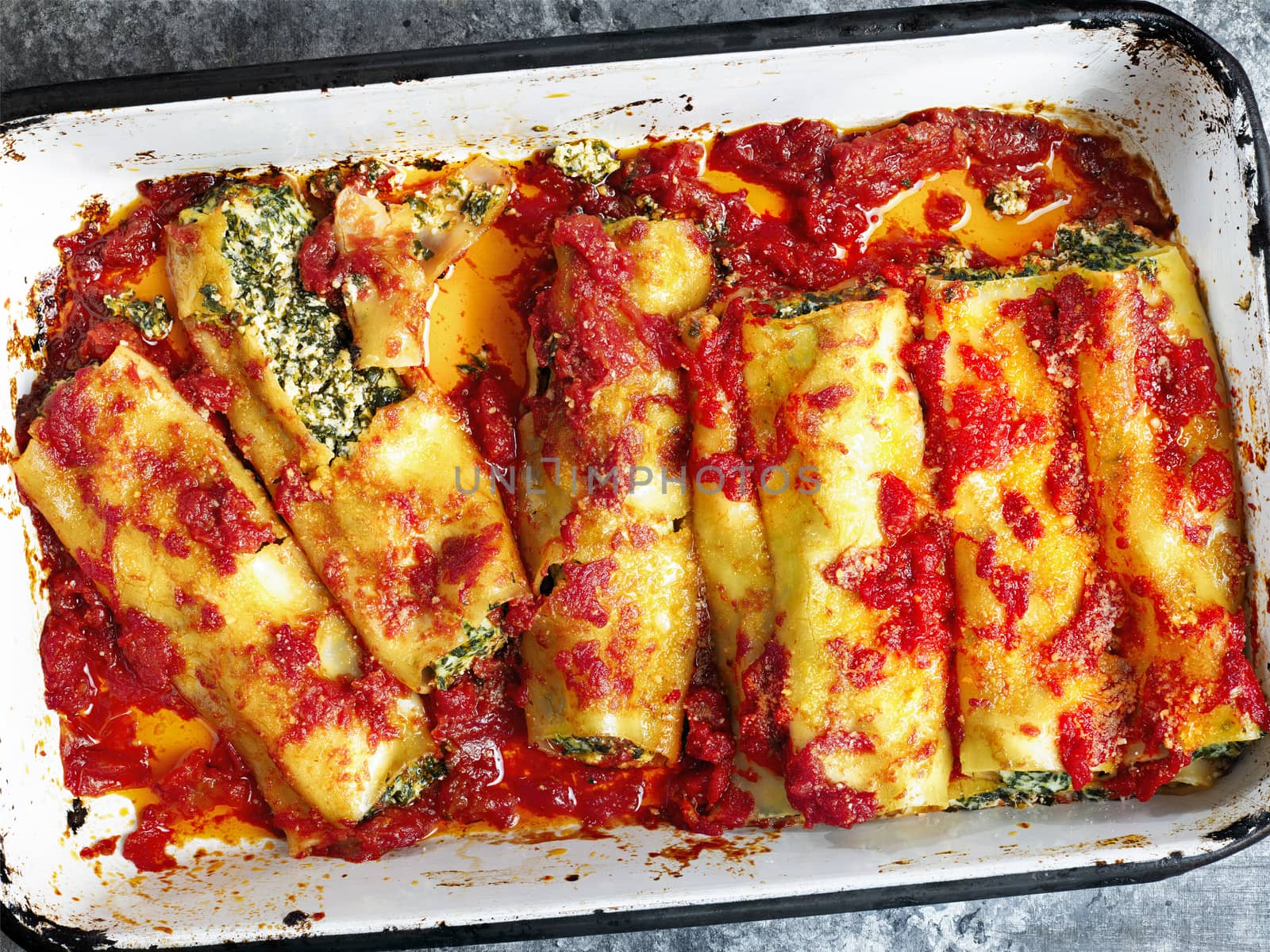 close up of rustic italian spinach ricotta cannelloni pasta