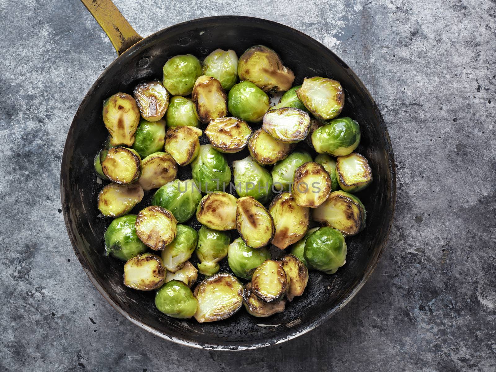 close up of rustic crispy fried brussels sprouts