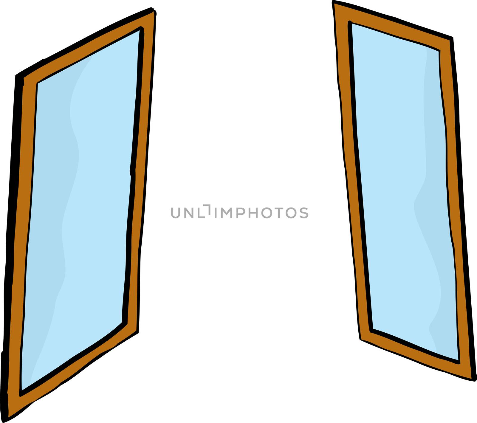 Pair of facing windows or mirrors over white background