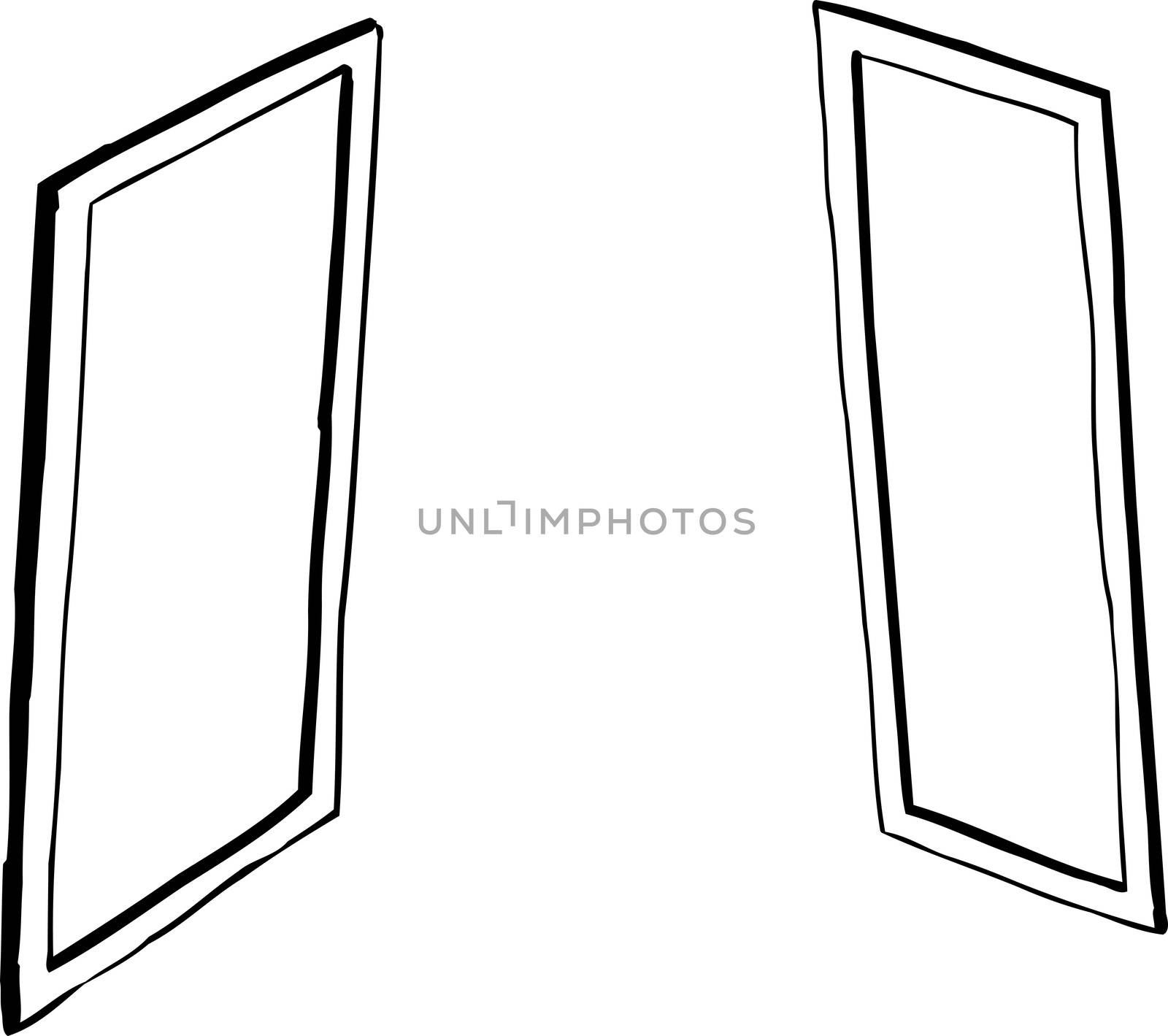 Outline cartoon of facing windows or mirrors over white background