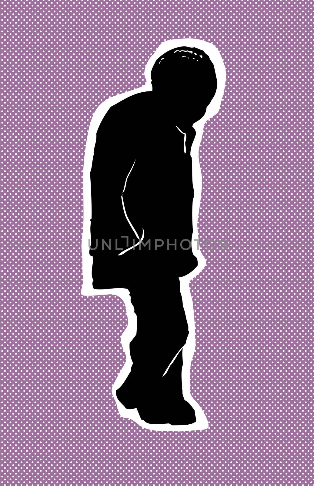 Single older Black man walking over purple halftone background