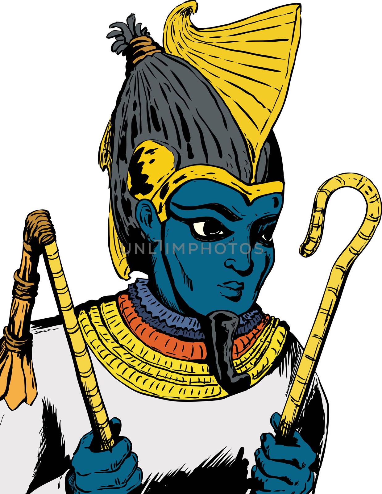 Illustration of Osiris, the Egyptian God, holding his crook and flail