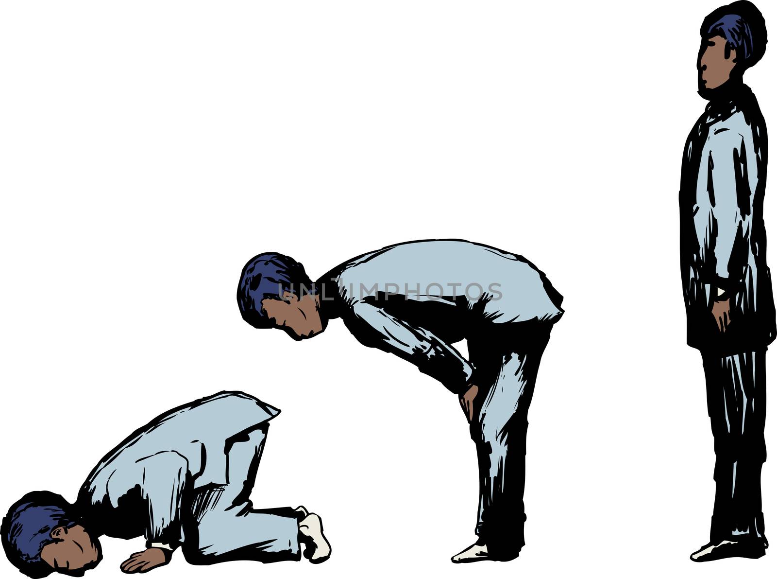 Side view on Black Muslim man in various Islamic prayer positions