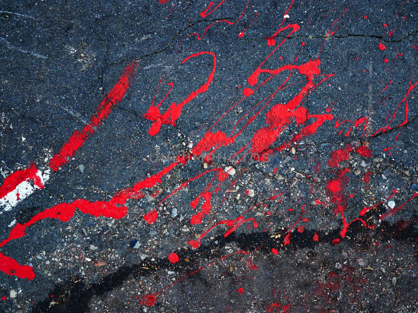 Drops of red paint stain on the asphalt by Ronyzmbow