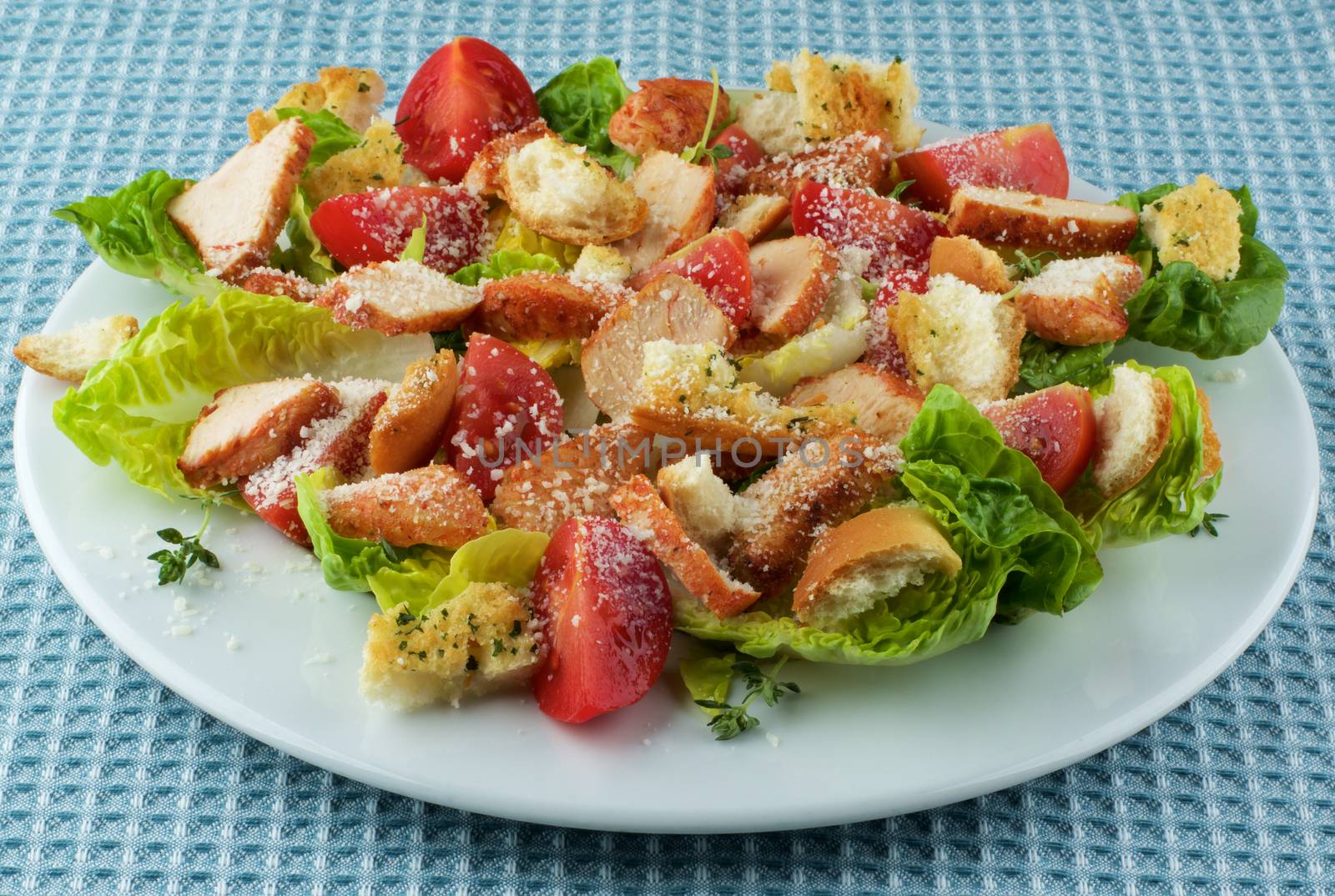 Delicious Caesar Salad with Roasted Chicken Breast, Garlic Crouton, Romaine Lettuce, Cherry Tomatoes and Grated Parmesan Cheese closeup on White Plate on Blue Napkin