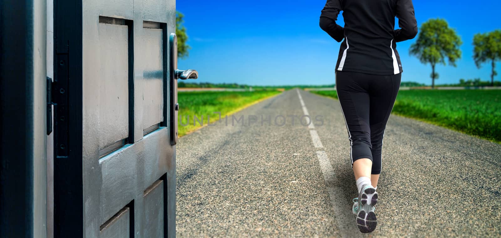 Opened door concept to woman running on a country road by pixinoo