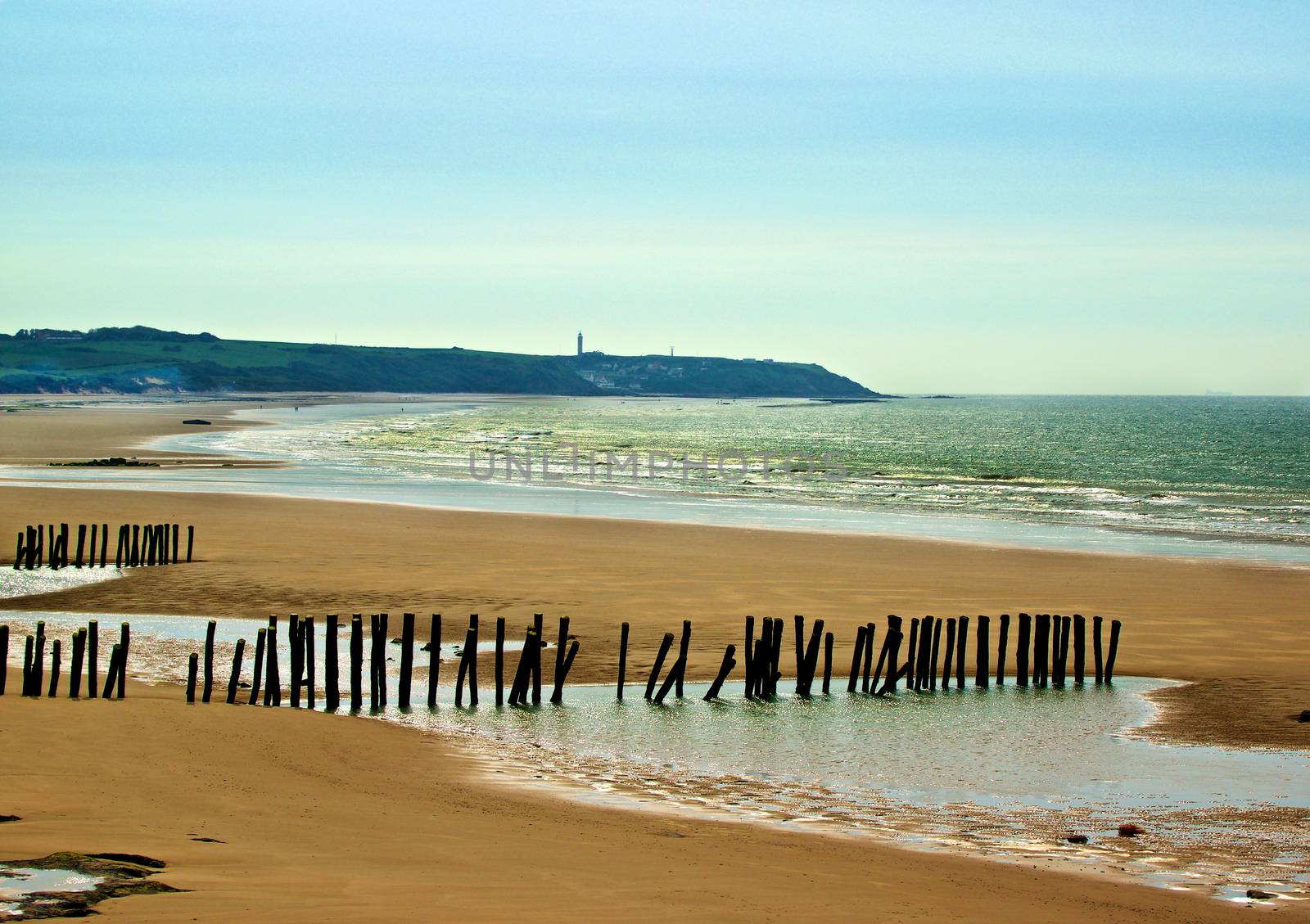 Landscape of French Atlantic Coast with Wooden Breakwaters Outdoors near Sangatte, France 