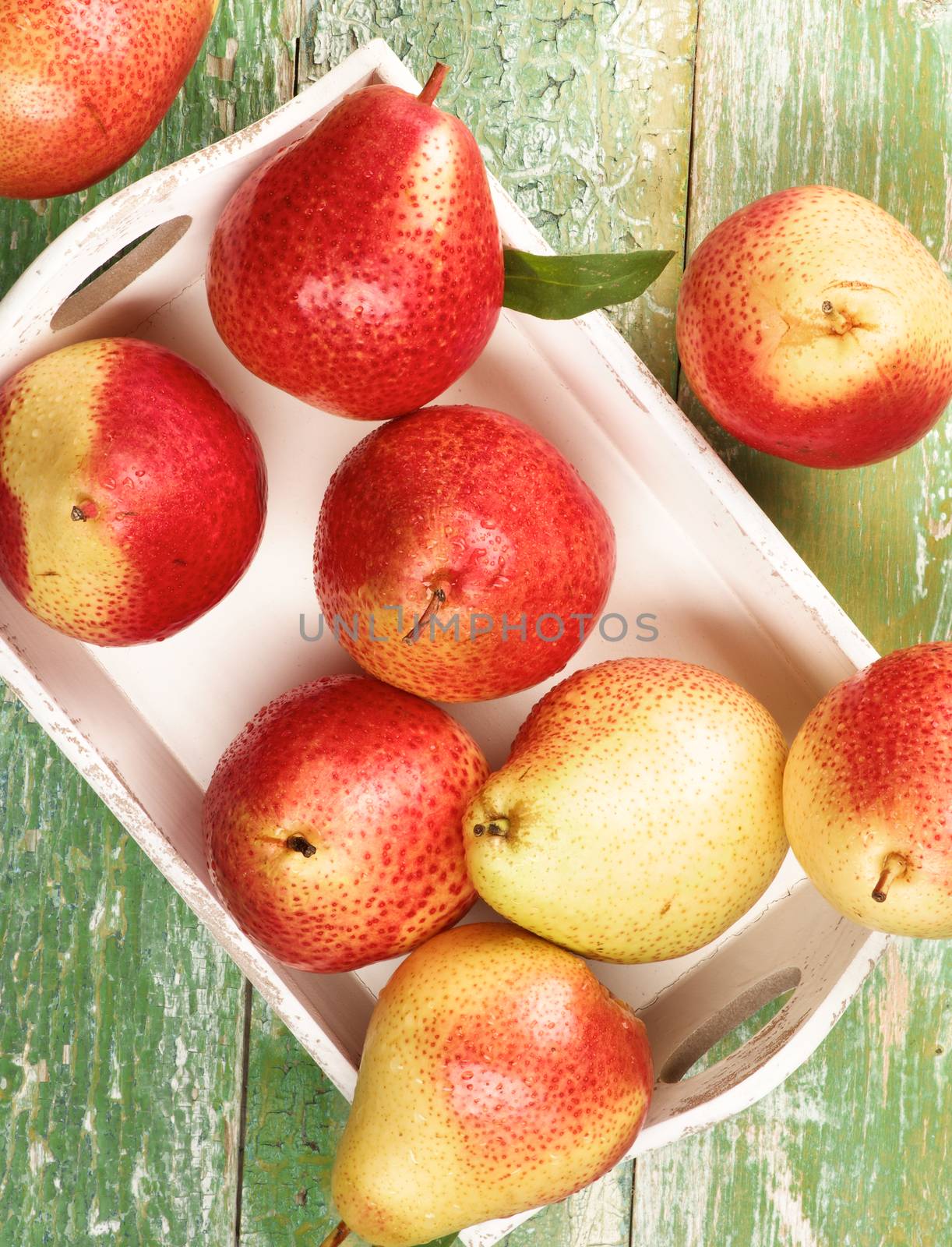 Arrangement of Ripe Yellow and Red Pears with Leafs in White Wooden Tray closeup on Green Wooden background. Top View
