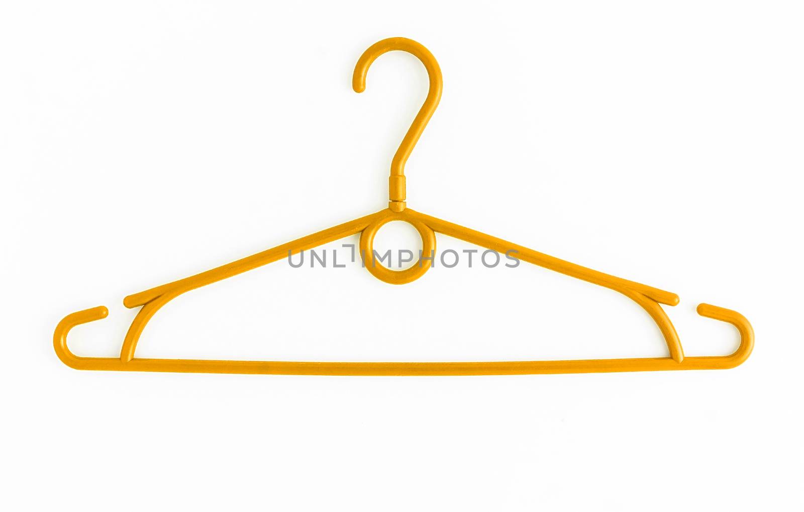 One colored plastic hanger, isolated on white background, close-up.