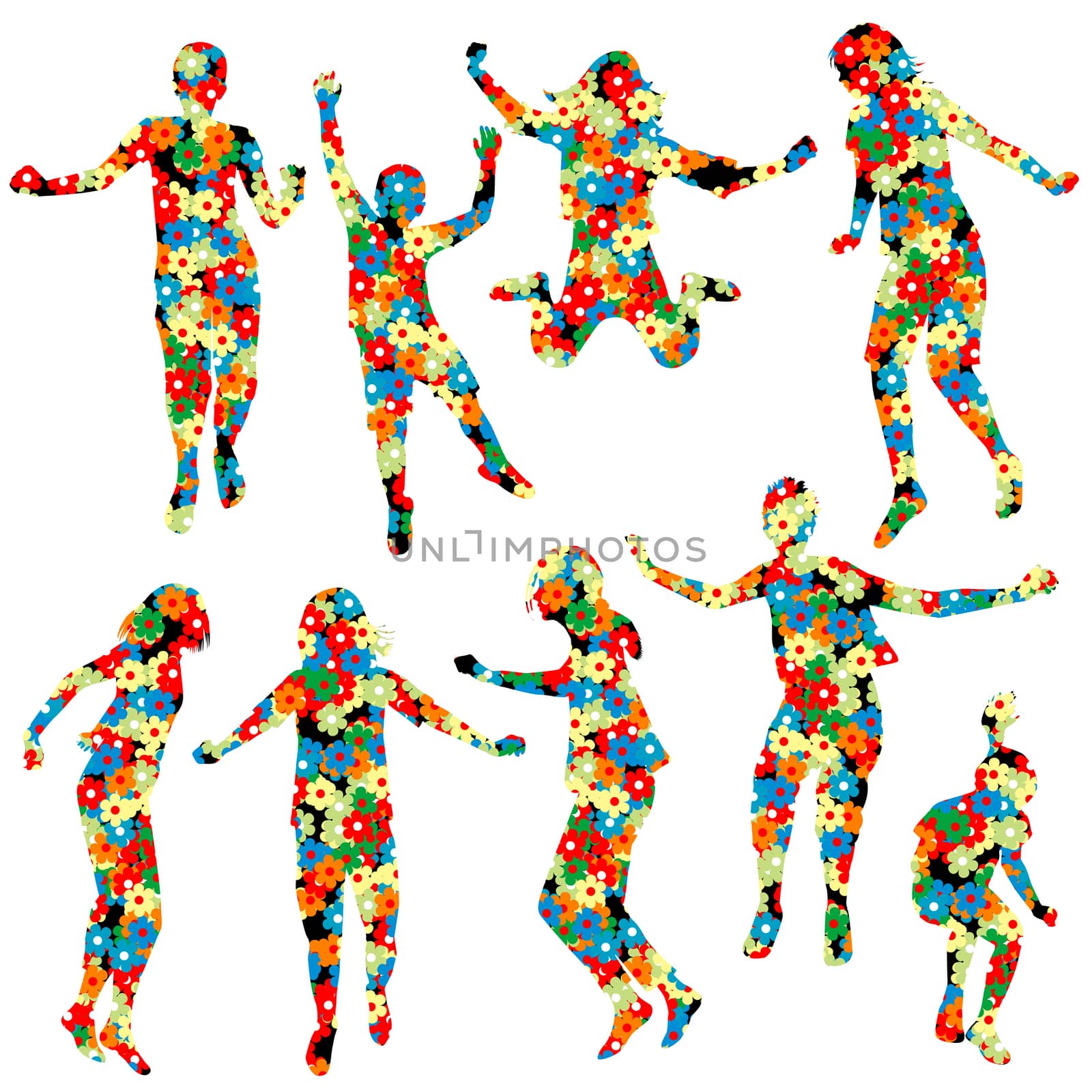 Children silhouettes jumping made of floral pattern