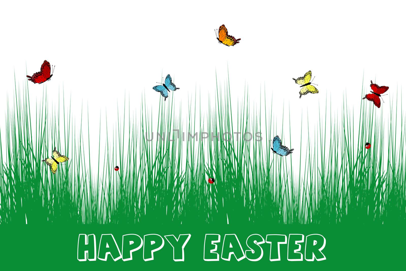 Happy Easter card with grass and butterflies