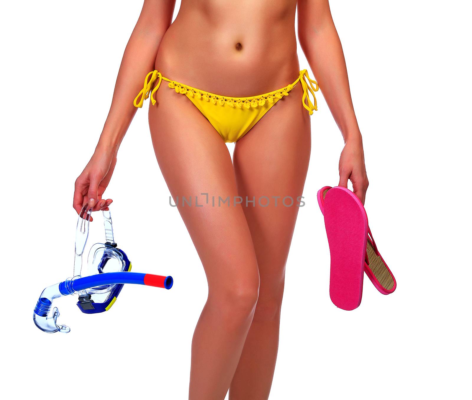 Woman in bikini with the equipment for diving, isolated on white background